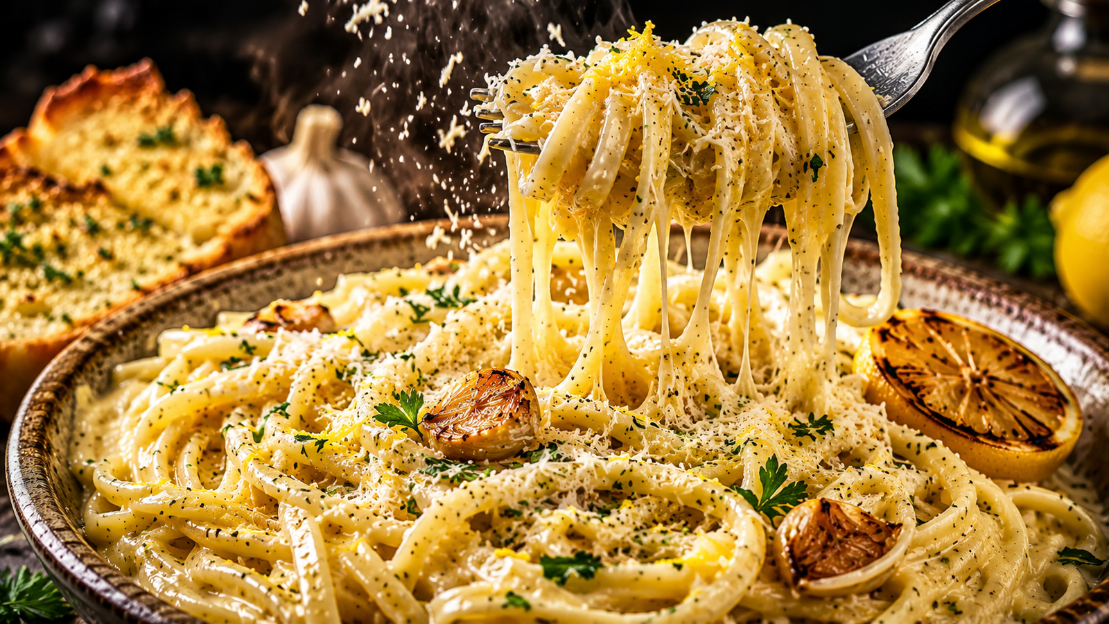 Creamy Lemon-Herb Fettuccine served in a rustic ceramic bowl, featuring silky fettuccine coated in a rich lemon Parmesan cream sauce with a fork lifting a cheesy, steaming bite.