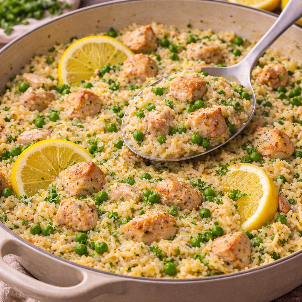 one pot lemon chicken rice in skillet with tender chicken pieces, fluffy rice, peas and fresh lemon slices