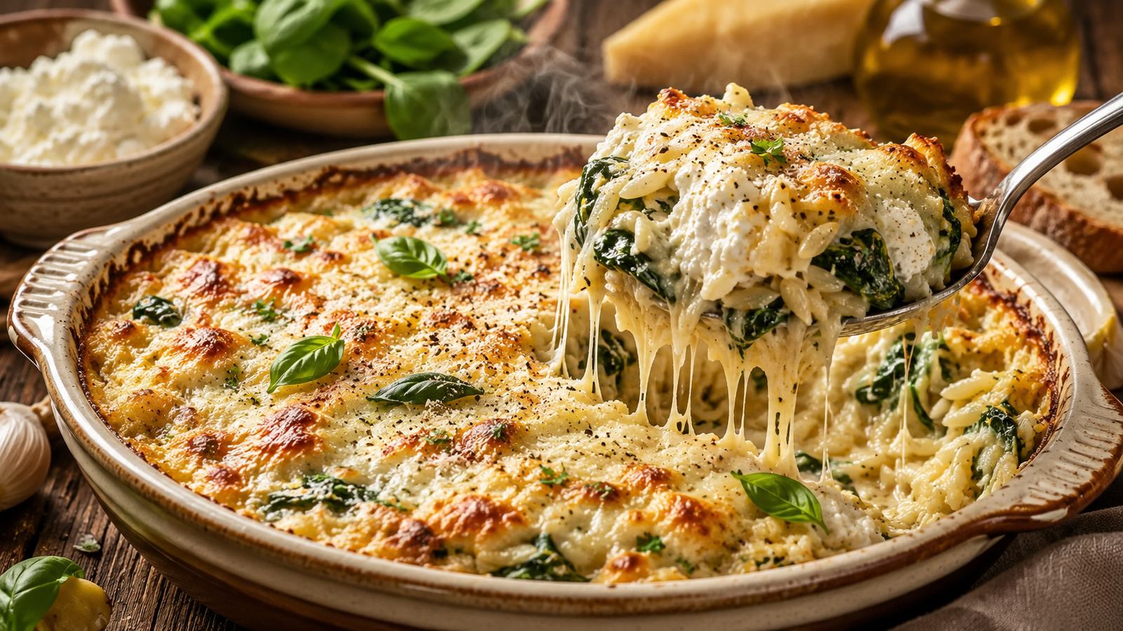 Baked Ricotta Spinach Orzo served in a rustic ceramic baking dish with creamy Parmesan orzo, wilted spinach, whipped ricotta, and a bubbling golden mozzarella crust.