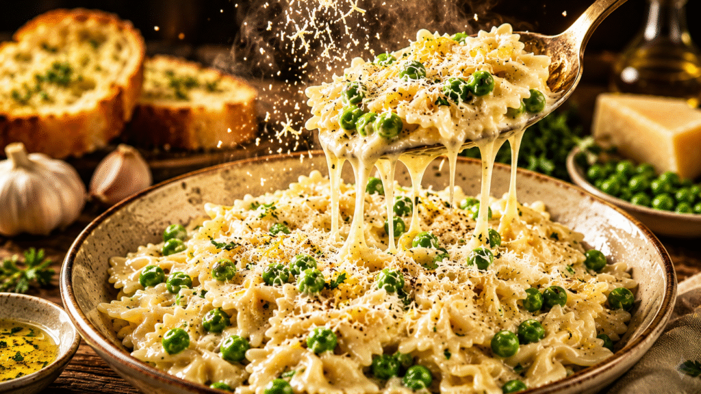 Creamy Parmesan Pea Farfalle served in a rustic ceramic bowl, featuring tender bowtie pasta coated in a rich Parmesan cream sauce with a spoon lifting a cheesy, steaming bite.