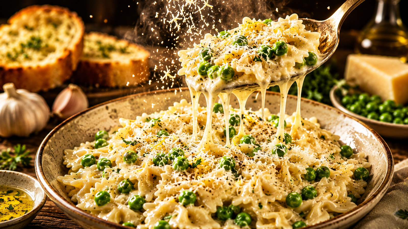 Creamy Parmesan Pea Farfalle served in a rustic ceramic bowl, featuring tender bowtie pasta coated in a rich Parmesan cream sauce with a spoon lifting a cheesy, steaming bite.