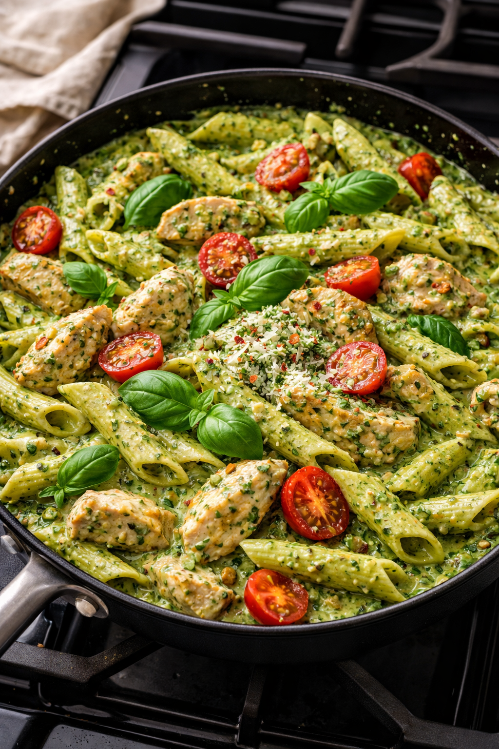 Creamy chicken pesto pasta cooking in a skillet over the stove, with penne, golden chicken pieces, basil, cherry tomatoes, and a rich green pesto cream sauce.