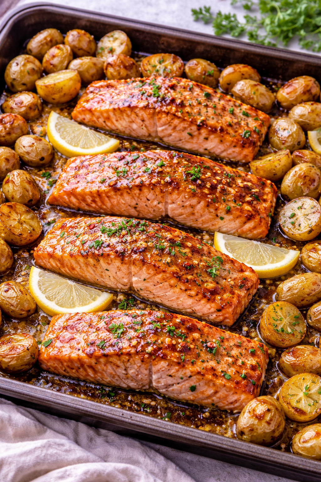Honey garlic salmon with roasted baby potatoes baked on a sheet pan and glazed with a sweet garlic sauce.