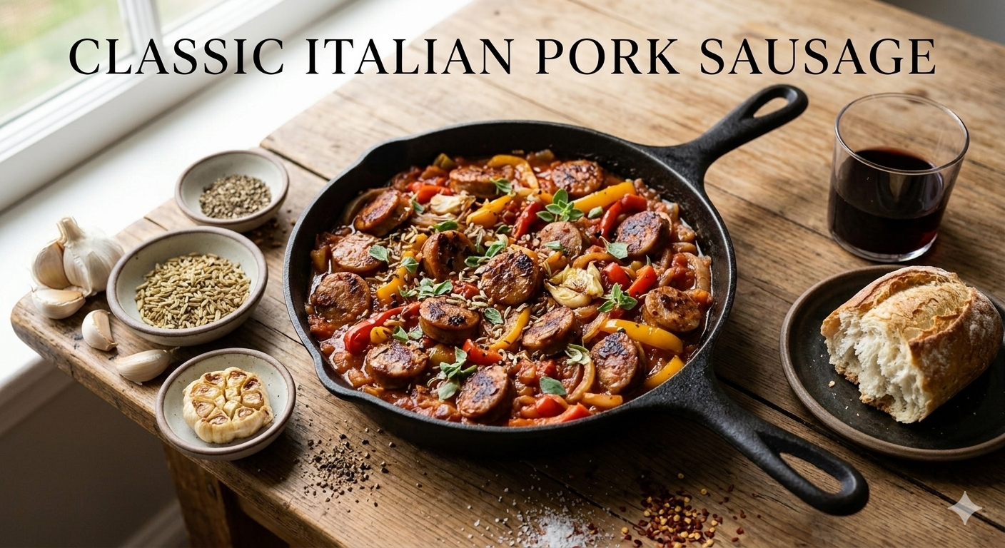 Creamy sausage and mushroom skillet pasta cooked in a rich garlic parmesan cream sauce with tender mushrooms and savory sausage in a rustic skillet.