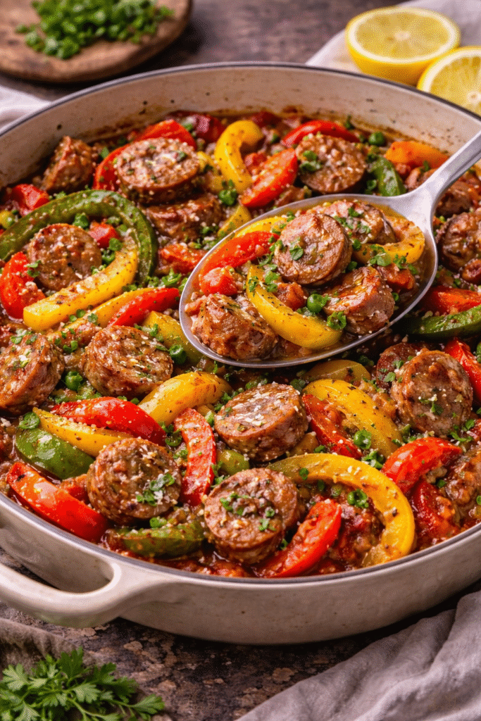 classic italian sausage and pepper skillet with bell peppers, onions, fennel and oregano in a rustic pan