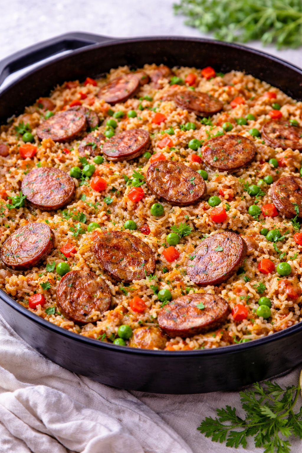 One-pot sausage and rice skillet with smoked sausage slices, fluffy seasoned rice, peas, and diced bell peppers cooked together in a cast iron pan.
