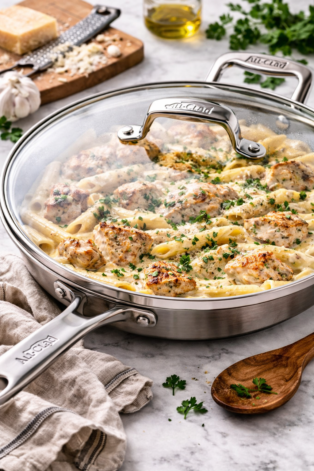 Creamy garlic Parmesan chicken pasta in a stainless steel skillet with a glass lid, featuring penne, golden chicken, and a rich creamy sauce.