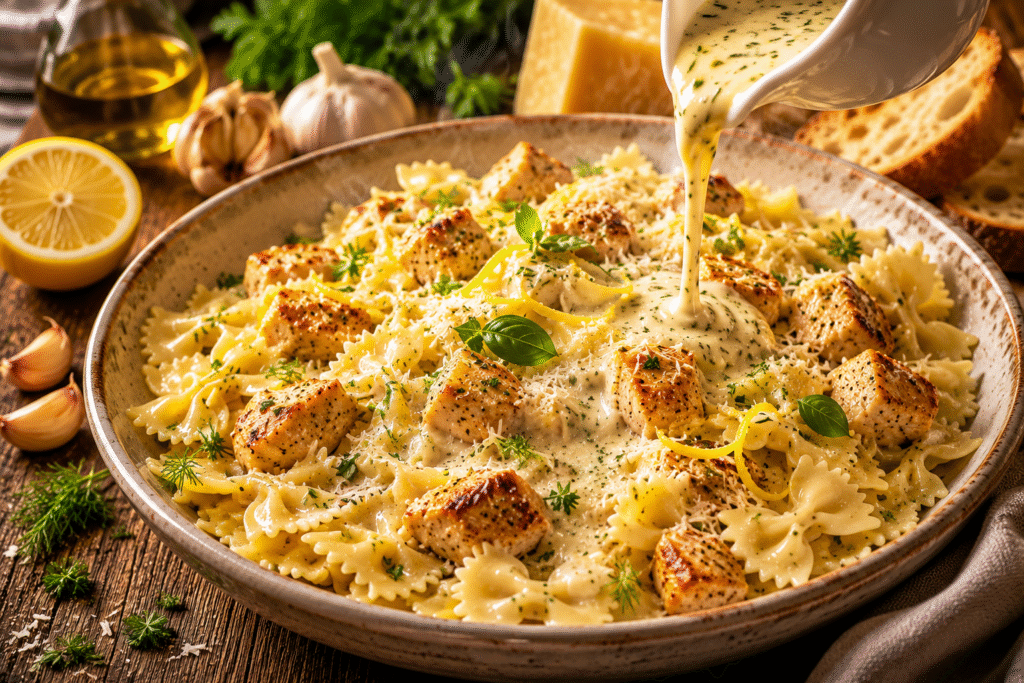 Creamy Lemon Herb Farfalle with Chicken served in a rustic ceramic bowl with tender bow-tie pasta coated in a silky lemon Parmesan cream sauce, juicy pan-seared chicken, fresh herbs, and grated Parmesan.