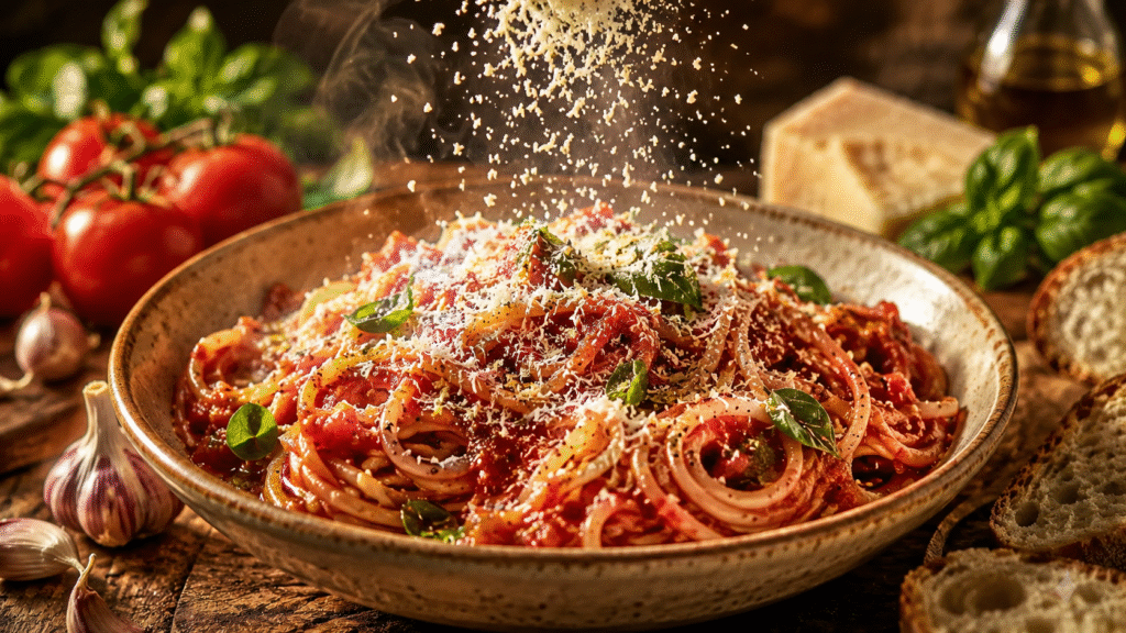 Steaming spaghetti in rich tomato garlic sauce topped with freshly grated Parmesan falling over the pasta.