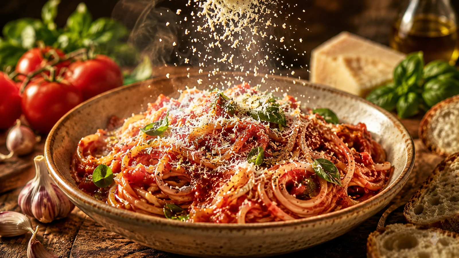 Steaming spaghetti in rich tomato garlic sauce topped with freshly grated Parmesan falling over the pasta.