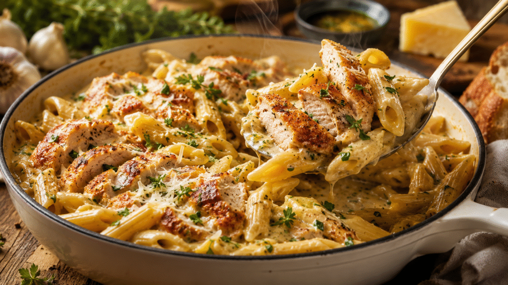 Creamy herb butter Parmesan penne with golden chicken being lifted from a rustic skillet with a serving spoon.