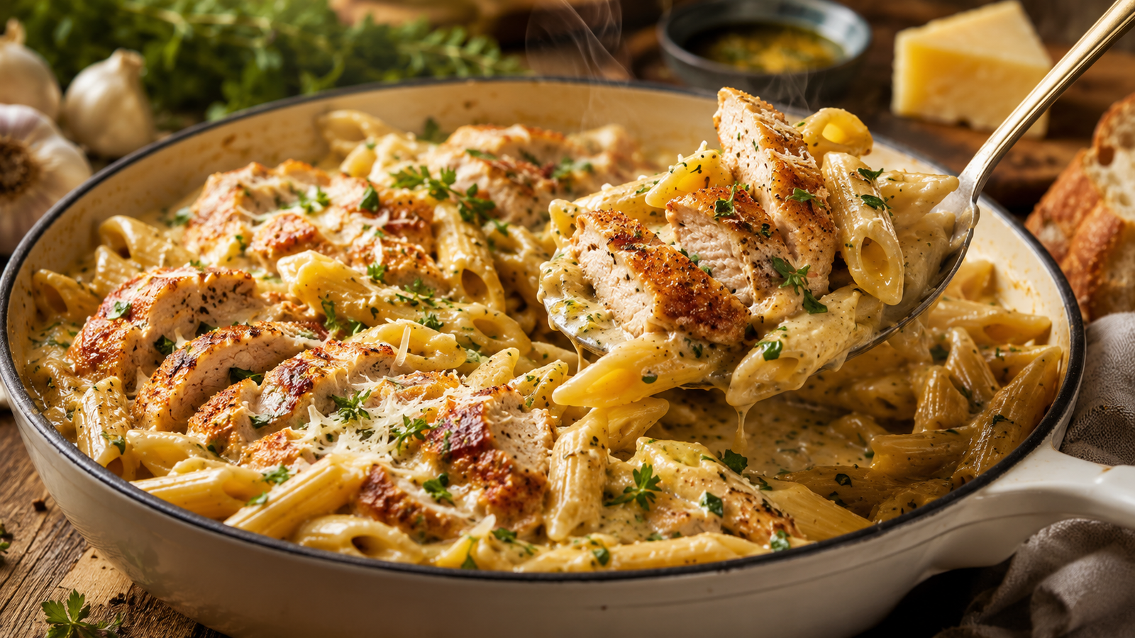 Creamy herb butter Parmesan penne with golden chicken being lifted from a rustic skillet with a serving spoon.