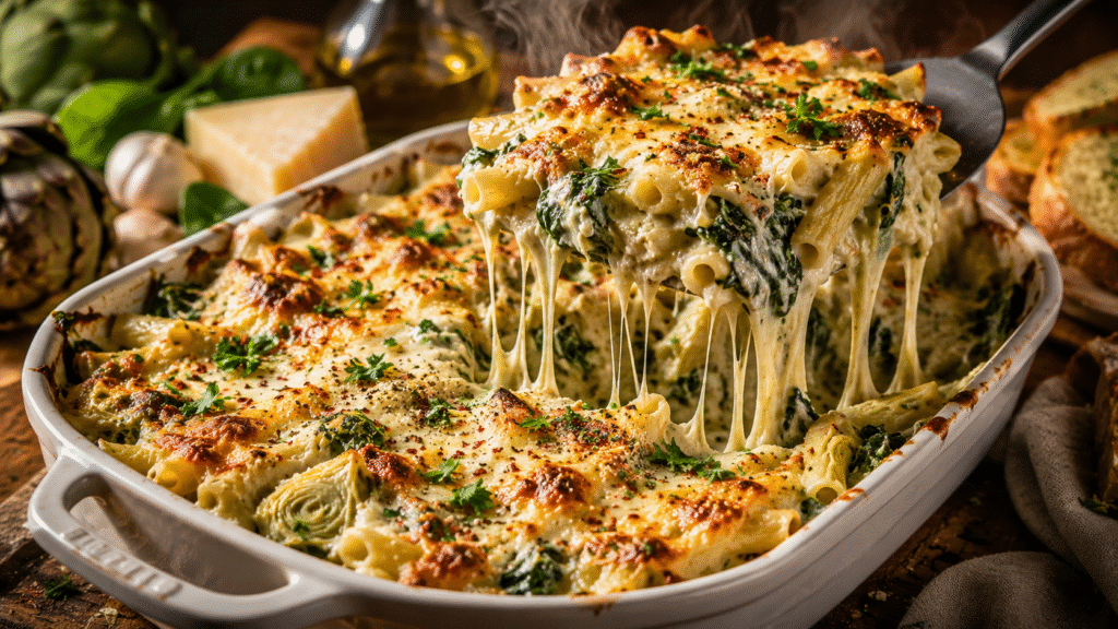 One-Pot Spinach Artichoke Ziti Bake served in a rustic ceramic baking dish with tender ziti pasta, creamy spinach artichoke Parmesan sauce, and a golden, bubbly mozzarella cheese topping.