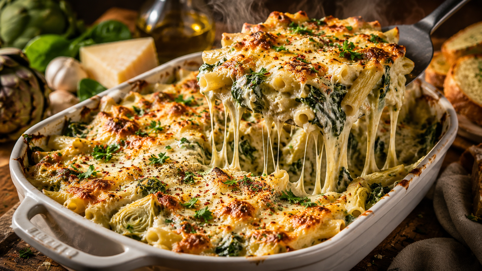 One-Pot Spinach Artichoke Ziti Bake served in a rustic ceramic baking dish with tender ziti pasta, creamy spinach artichoke Parmesan sauce, and a golden, bubbly mozzarella cheese topping.