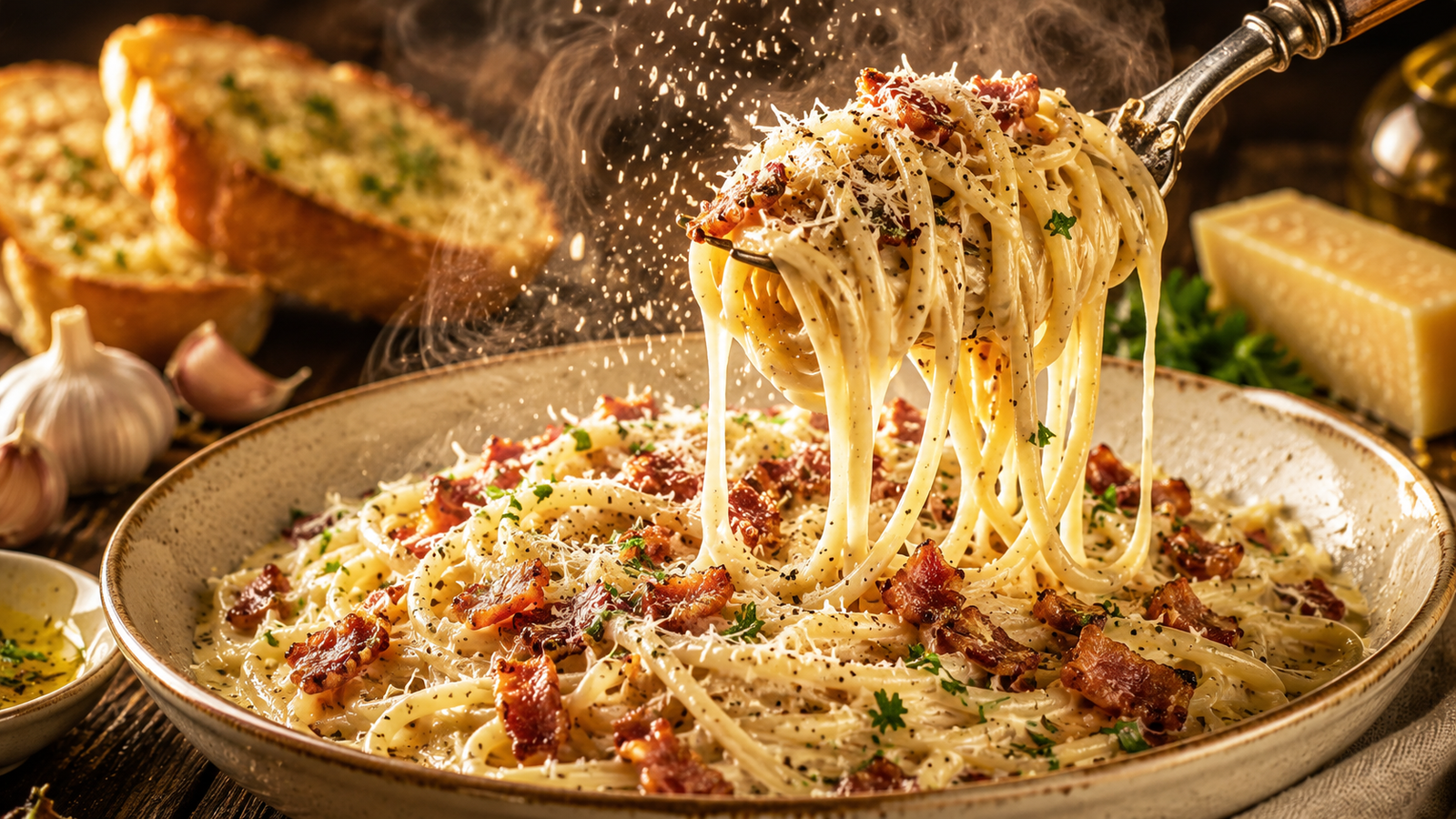 Creamy Garlic Butter Bacon Pasta served in a rustic ceramic bowl, featuring silky spaghetti coated in a rich garlic Parmesan butter sauce with crispy bacon, a fork lifting a cheesy, steaming bite.