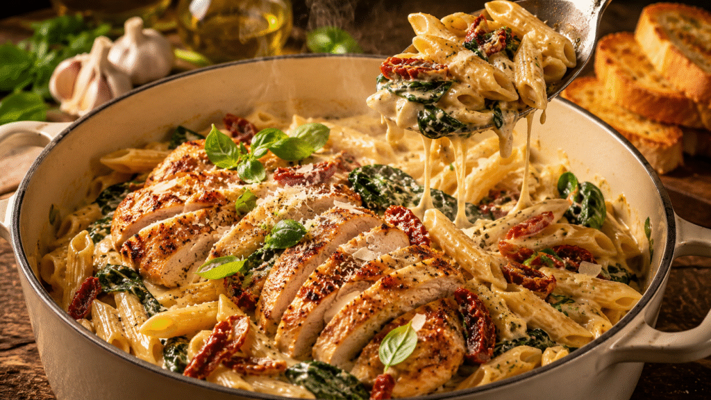 One-Pot Tuscan Chicken Penne served in a rustic Dutch oven with tender sliced chicken, creamy garlic Parmesan sauce, penne pasta, wilted spinach, sun-dried tomatoes, and fresh basil.