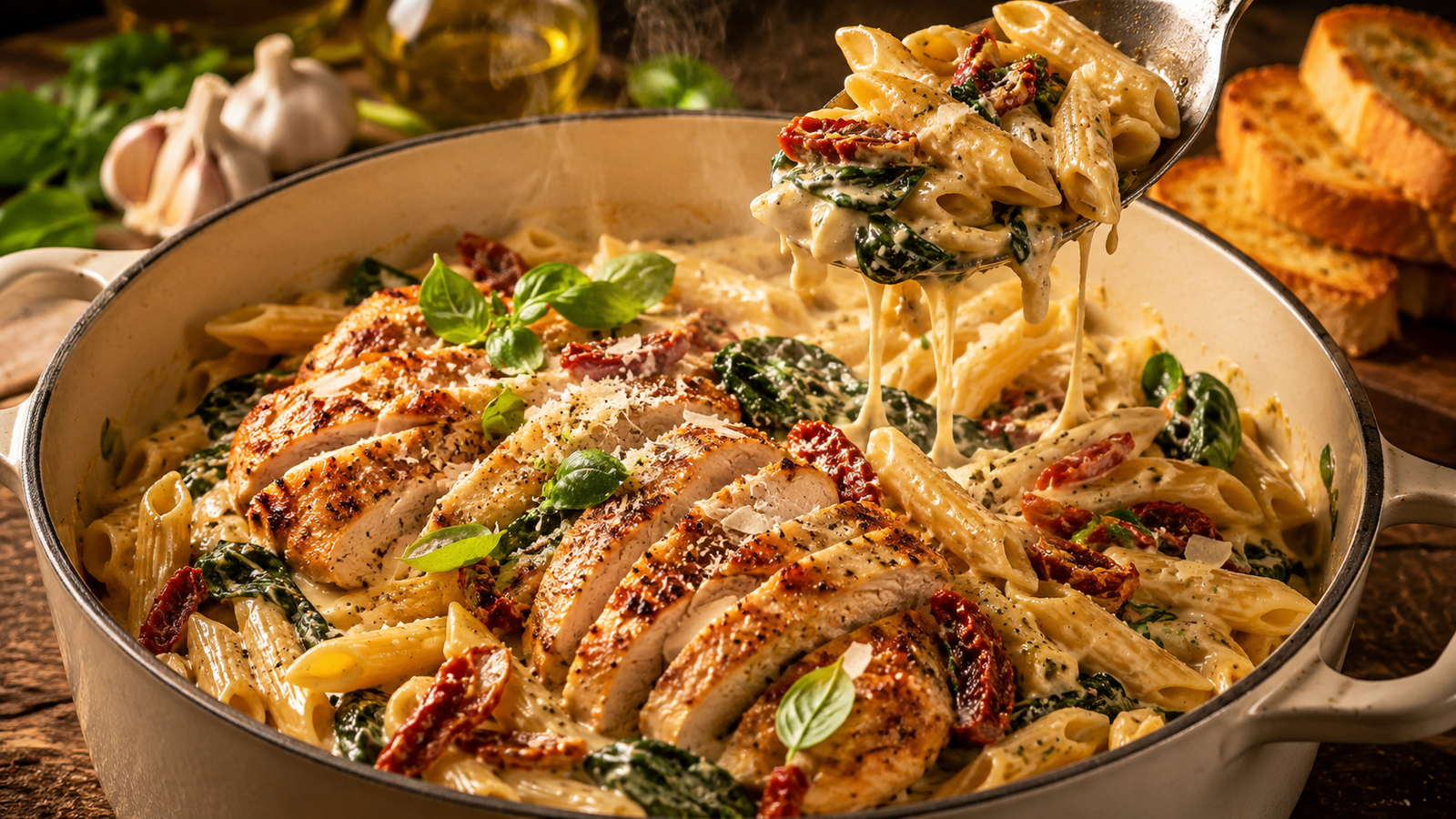 One-Pot Tuscan Chicken Penne served in a rustic Dutch oven with tender sliced chicken, creamy garlic Parmesan sauce, penne pasta, wilted spinach, sun-dried tomatoes, and fresh basil.