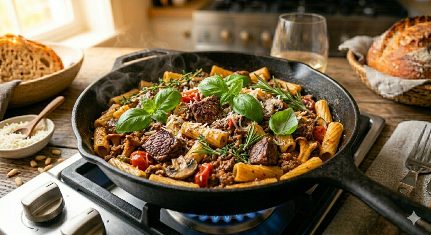 One-Pot Beef and Herb Rigatoni simmering in a pot, made with tender beef chunks, rigatoni pasta, herbs, and a rich tomato-based sauce.