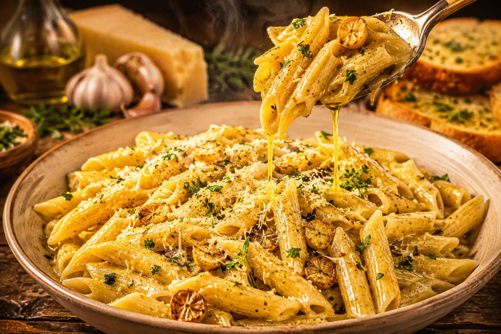 20-Minute Garlic Butter Penne served in a rustic ceramic bowl, featuring tender penne coated in a glossy garlic butter Parmesan sauce with a spoon lifting a rich, buttery bite.