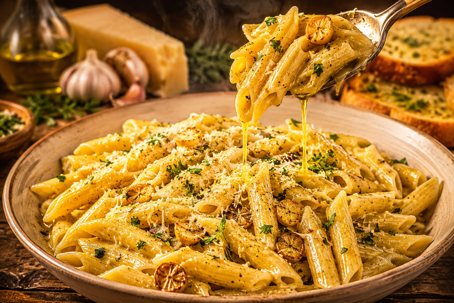 20-Minute Garlic Butter Penne served in a rustic ceramic bowl, featuring tender penne coated in a glossy garlic butter Parmesan sauce with a spoon lifting a rich, buttery bite.