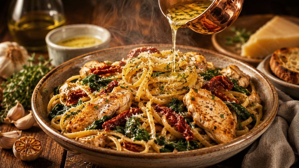 A ribbon of garlic herb butter is poured over creamy Tuscan linguine with golden chicken, spinach, sun-dried tomatoes, and fresh Parmesan.