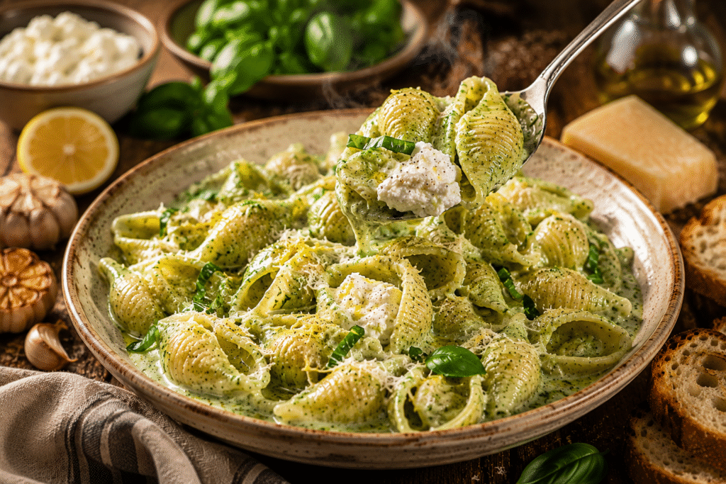 A serving spoon folds creamy whipped ricotta into basil-coated pasta shells with glossy green sauce in a rustic bowl.