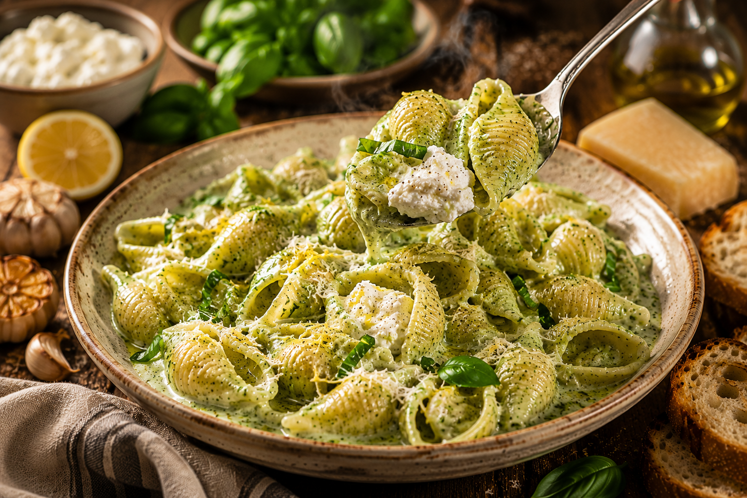 A serving spoon folds creamy whipped ricotta into basil-coated pasta shells with glossy green sauce in a rustic bowl.