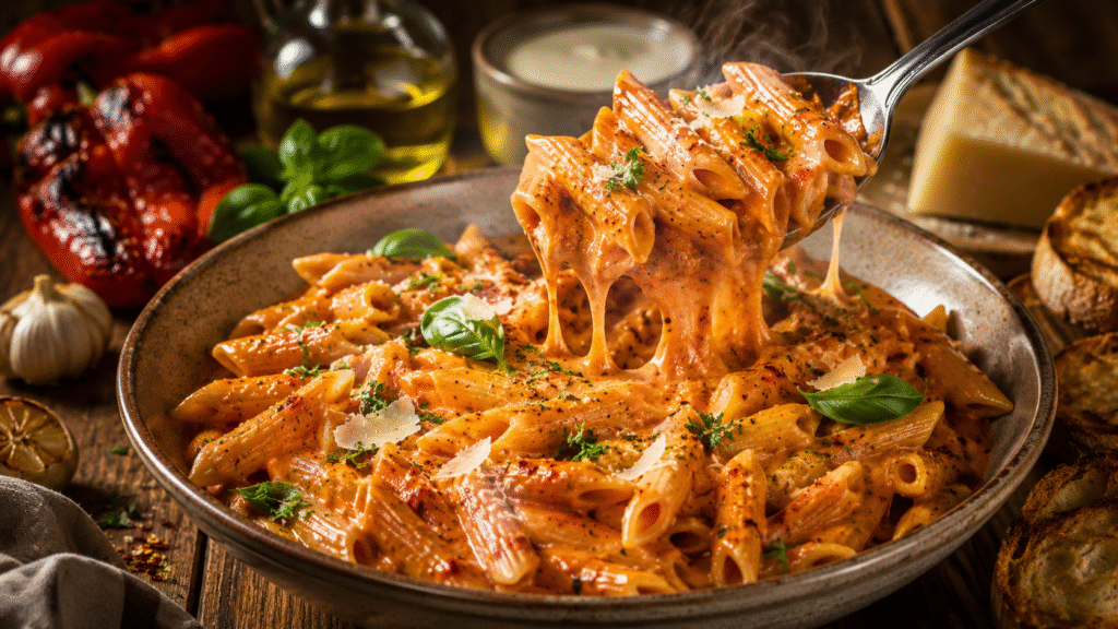 A serving spoon lifts roasted red pepper cream penne coated in a silky Parmesan cream sauce with fresh basil and Parmesan.