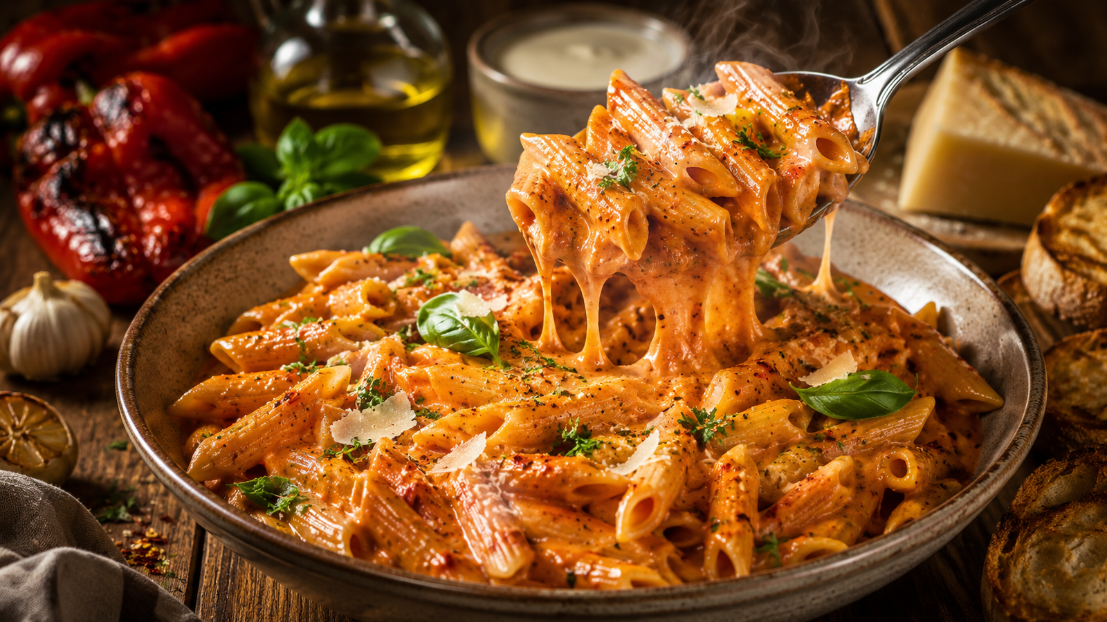A serving spoon lifts roasted red pepper cream penne coated in a silky Parmesan cream sauce with fresh basil and Parmesan.