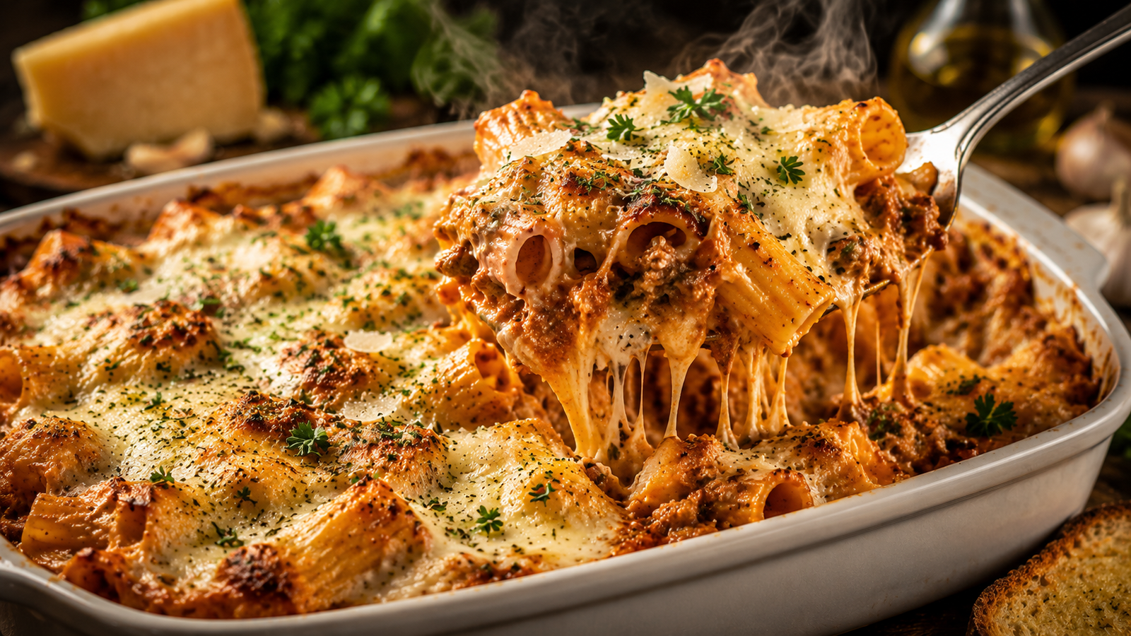Ragu Alfredo Fusion Bake in a rustic ceramic baking dish with rigatoni coated in creamy Alfredo and beef ragu beneath a golden melted mozzarella and Parmesan topping.