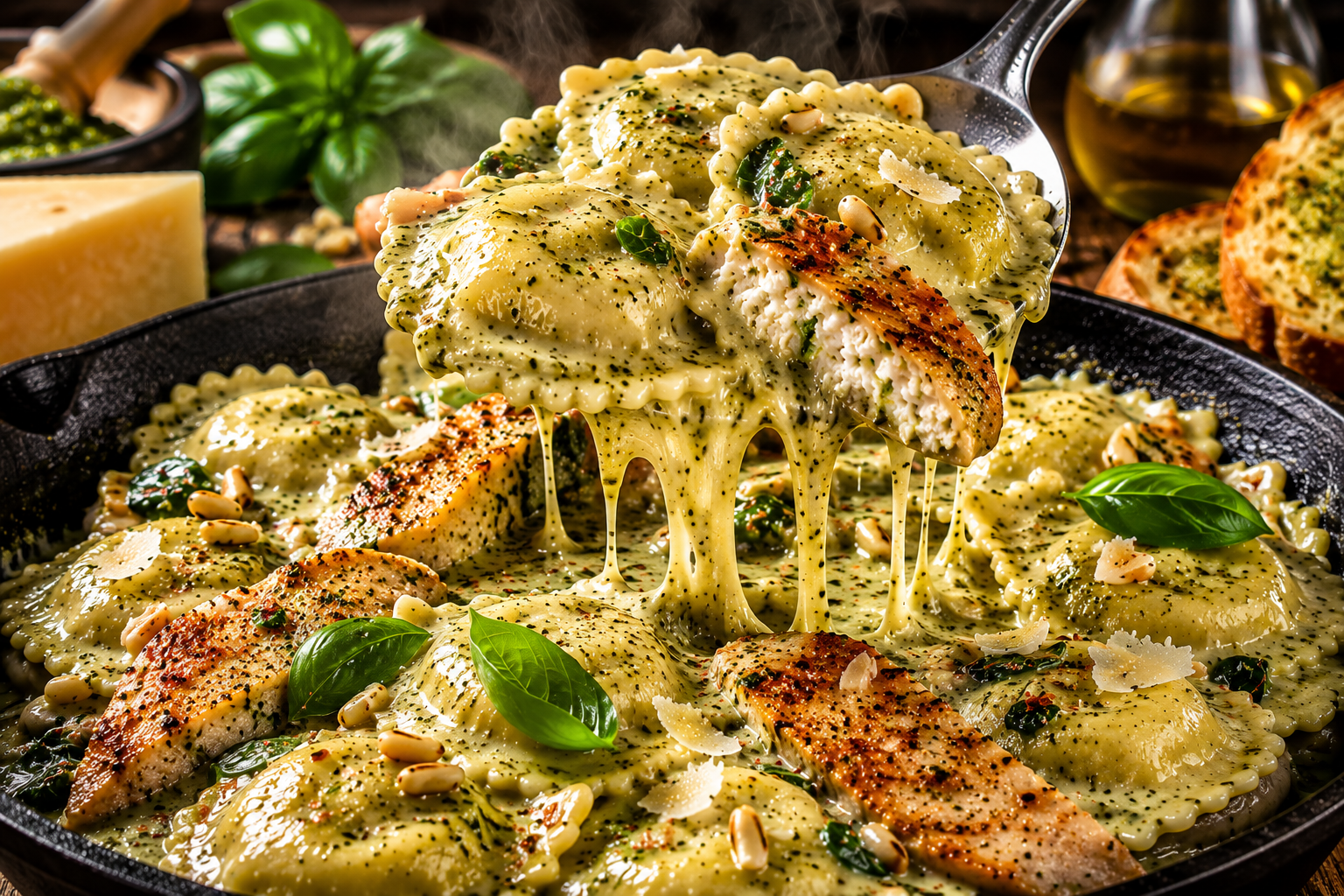 Creamy Basil Chicken Ravioli Skillet served in a cast-iron skillet with pillowy cheese ravioli, juicy pan-seared chicken, and a rich basil Parmesan cream sauce finished with fresh basil and Parmesan.