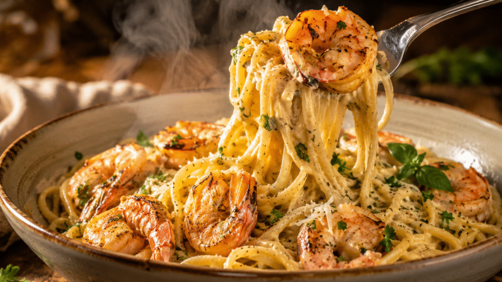 Creamy Herb Shrimp Pasta served in a rustic bowl with golden-seared shrimp and linguine coated in a rich garlic herb Parmesan sauce. A fork lifts a twirl of creamy pasta high above the bowl while steam rises from the dish. Fresh parsley, basil, and grated Parmesan garnish the pasta under warm restaurant-style lighting.
