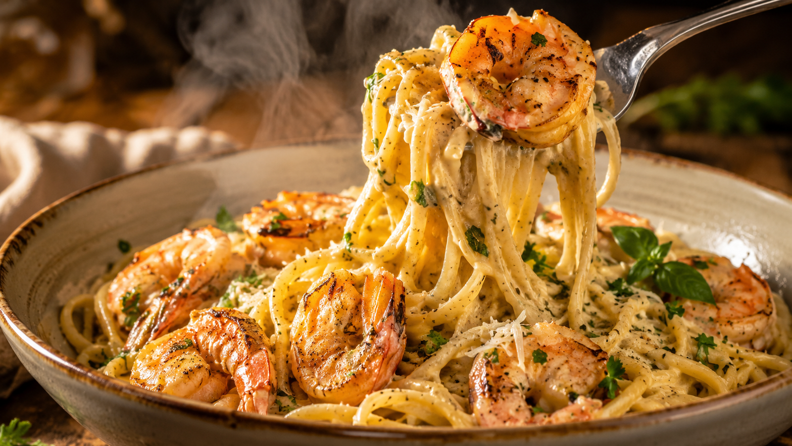 Creamy Herb Shrimp Pasta served in a rustic bowl with golden-seared shrimp and linguine coated in a rich garlic herb Parmesan sauce. A fork lifts a twirl of creamy pasta high above the bowl while steam rises from the dish. Fresh parsley, basil, and grated Parmesan garnish the pasta under warm restaurant-style lighting.