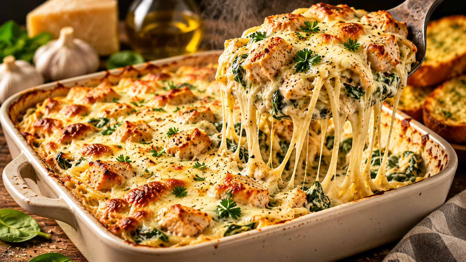 Creamy Spinach Chicken Spaghetti Bake served in a rustic ceramic baking dish, featuring tender spaghetti, juicy chicken, wilted spinach, and a rich garlic Parmesan sauce with a gooey cheese pull.