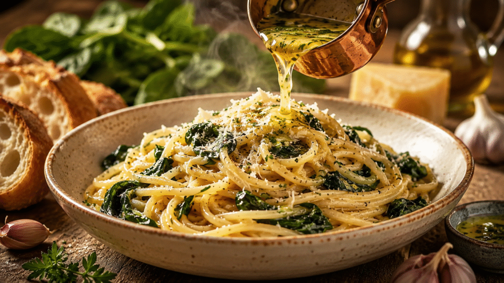 Silky garlic butter spaghetti with wilted spinach as melted herb butter is poured over the pasta.
