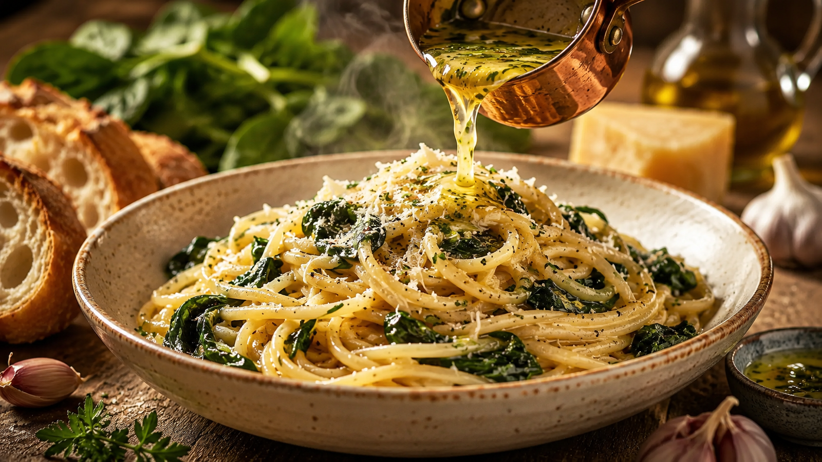 Silky garlic butter spaghetti with wilted spinach as melted herb butter is poured over the pasta.