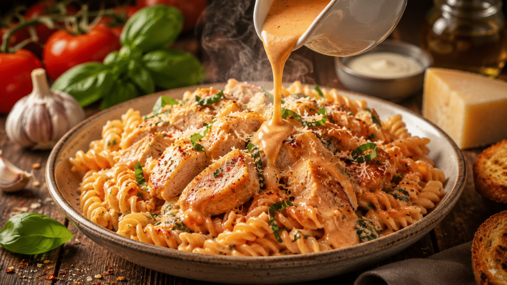 Creamy chicken basil rosa rotini topped with silky rosa sauce being poured over the pasta.