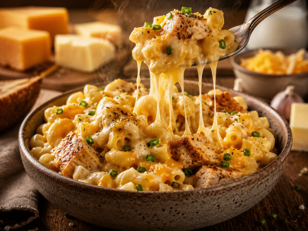 A fork lifts creamy chicken mac and cheese from a rustic bowl with long strands of melted cheese stretching back into the bowl.