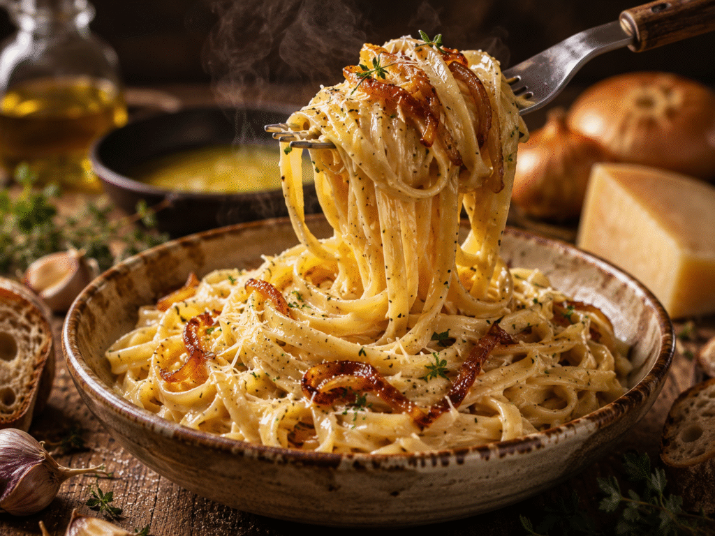 A fork twirls creamy garlic butter fettuccine with caramelized onions above a rustic bowl of pasta.