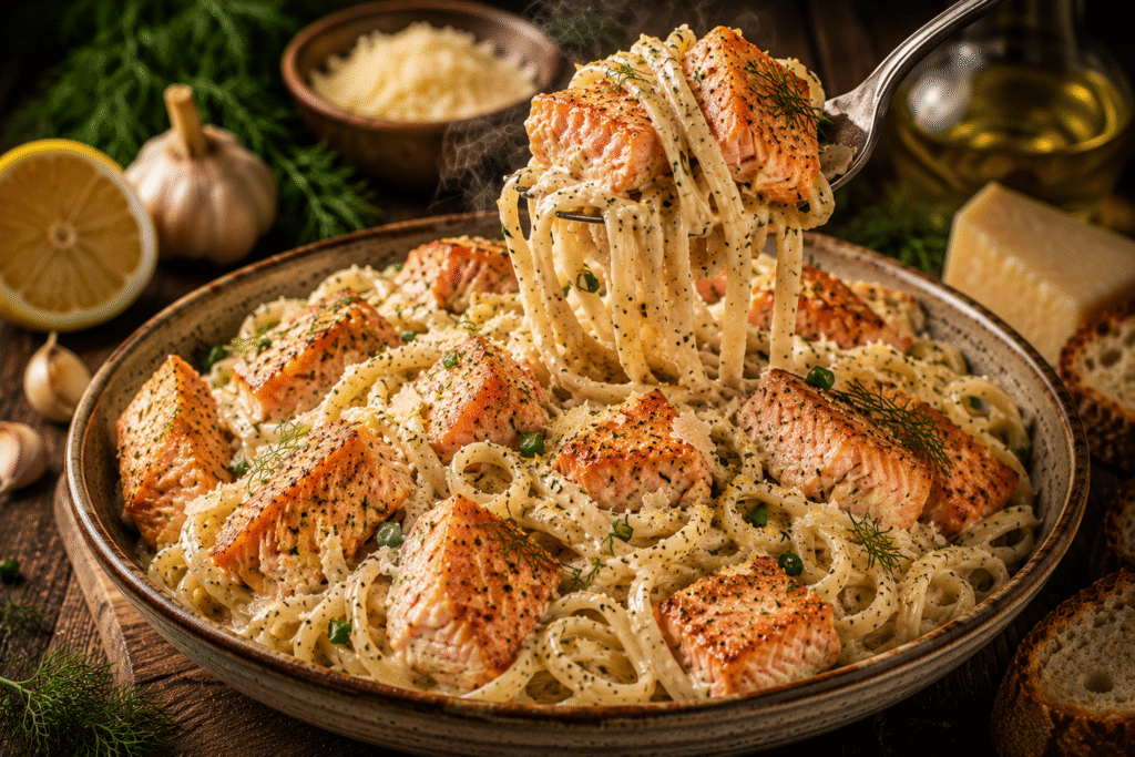 Creamy salmon linguine with flaky pan-seared salmon as silky garlic Parmesan cream sauce is poured over the pasta.