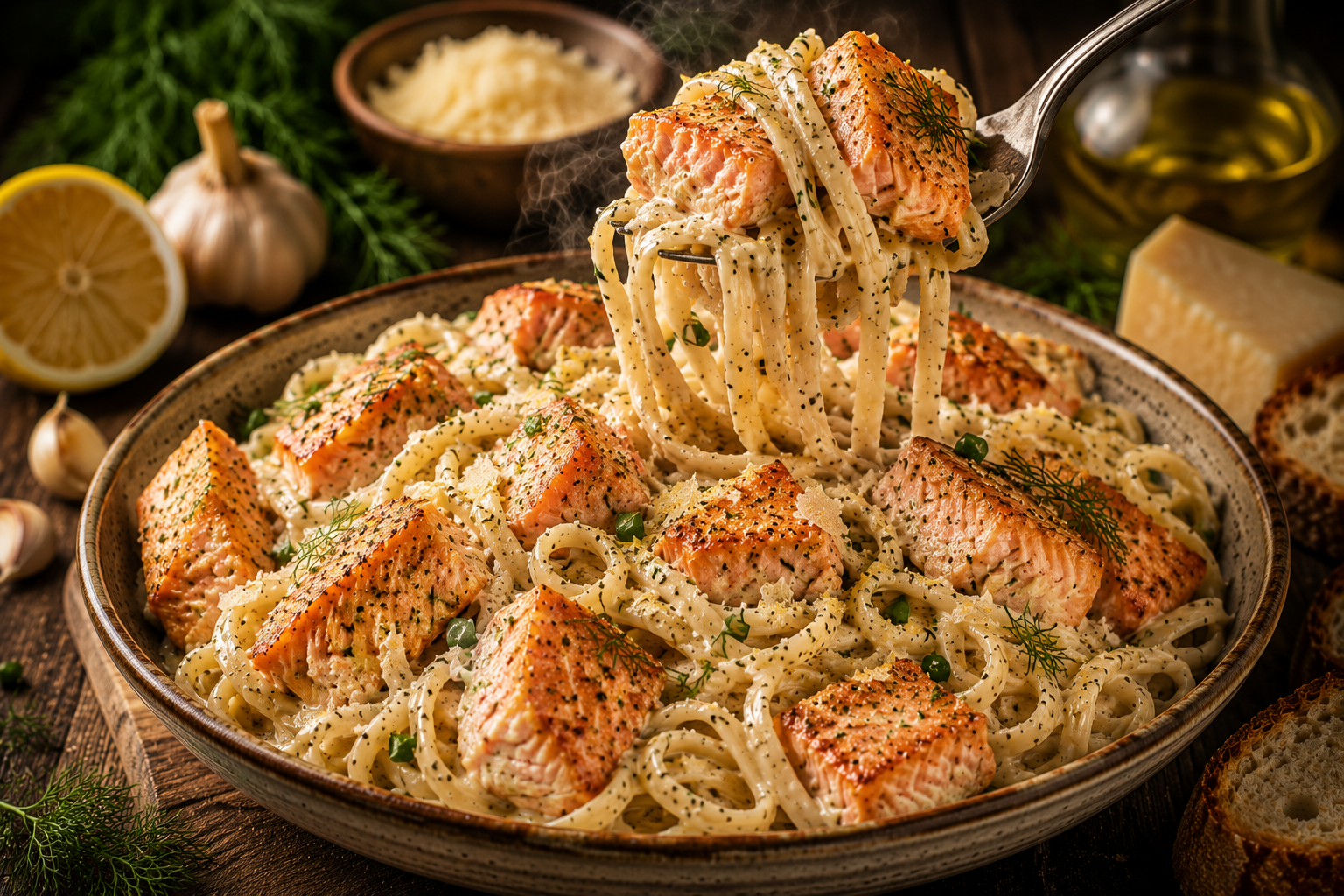 Creamy salmon linguine with flaky pan-seared salmon as silky garlic Parmesan cream sauce is poured over the pasta.