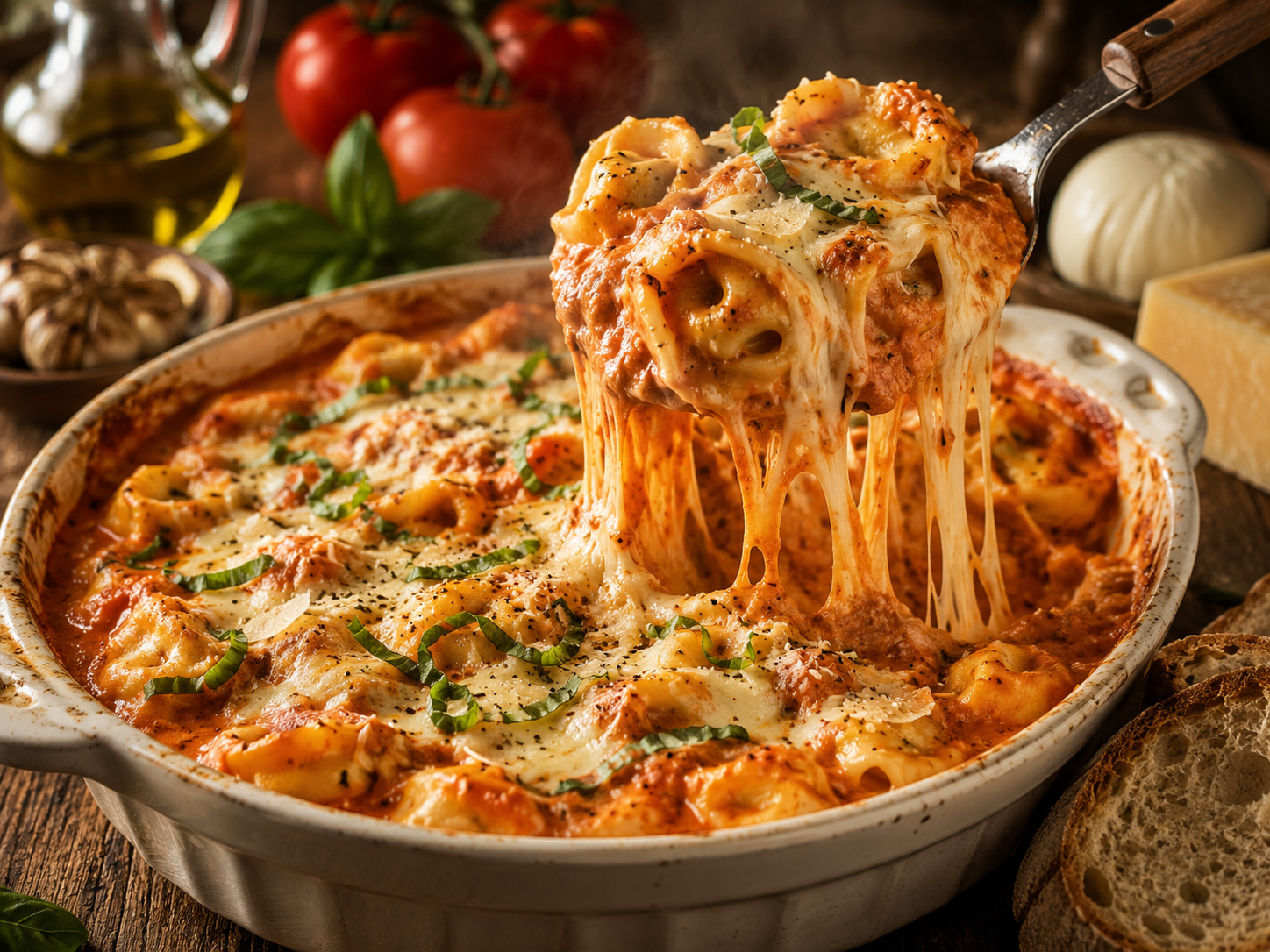 A serving spoon lifts cheesy baked tortellini coated in creamy tomato basil sauce from a rustic baking dish with melted mozzarella stretching.