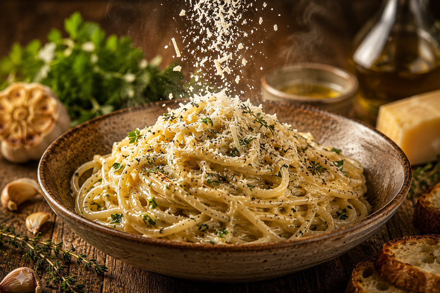 Creamy herb-garlic spaghetti topped with freshly grated Parmesan falling over glossy pasta in a rustic bowl.