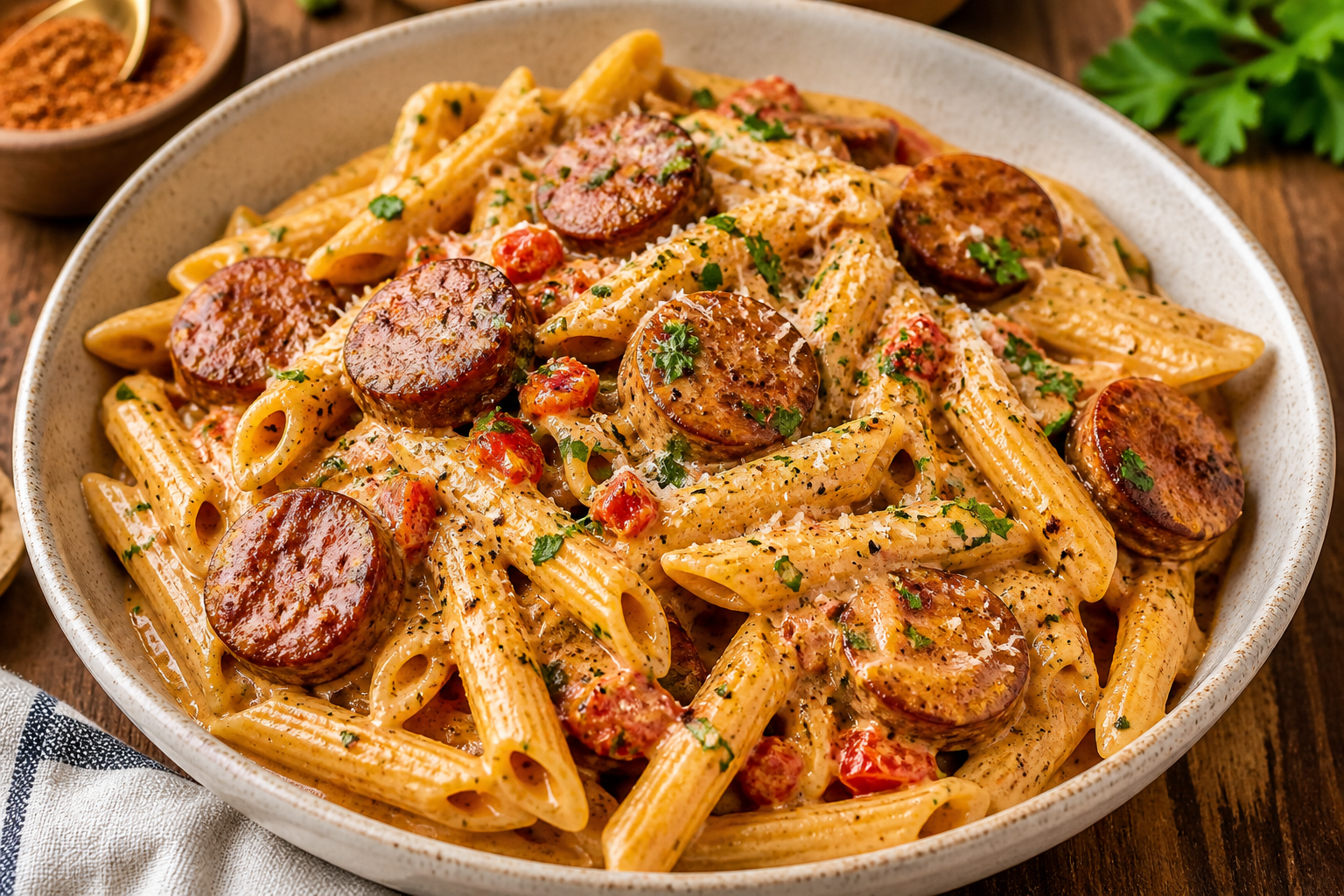 Creamy Cajun sausage pasta with penne, smoked sausage, and rich creamy sauce garnished with parsley