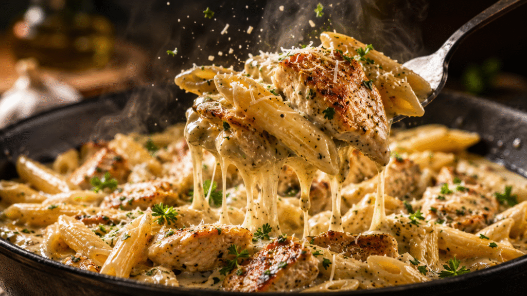 Creamy Garlic Parmesan Chicken Skillet Pasta served in a rustic skillet with tender golden chicken, pasta coated in a rich garlic Parmesan cream sauce, and fresh parsley.