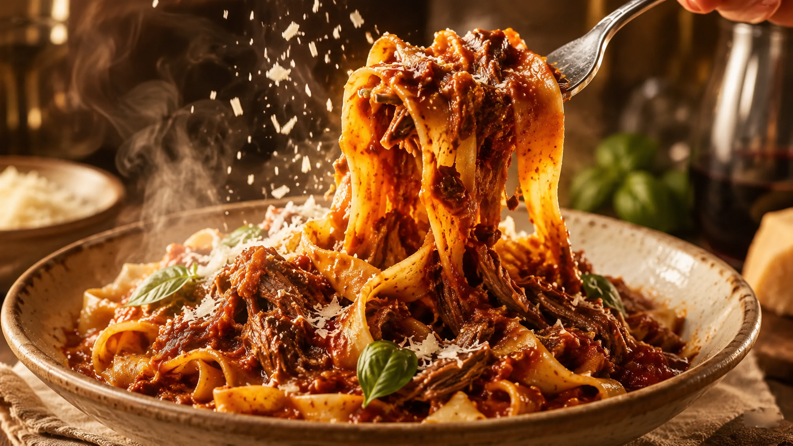 Beef Ragu Pappardelle served in a rustic bowl with wide ribbons of pasta coated in rich slow-cooked beef ragu. A fork lifts tender pappardelle high above the bowl while shredded beef and thick tomato sauce cling to the pasta. Fresh Parmesan falls through the air as steam rises from the dish under warm Italian-style lighting.