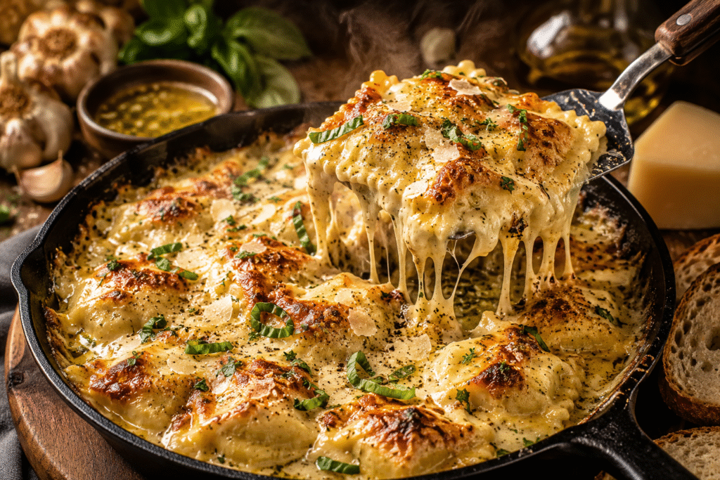 A serving spatula lifts cheesy garlic butter ravioli from a cast-iron skillet with melted mozzarella stretching between the skillet and the serving.