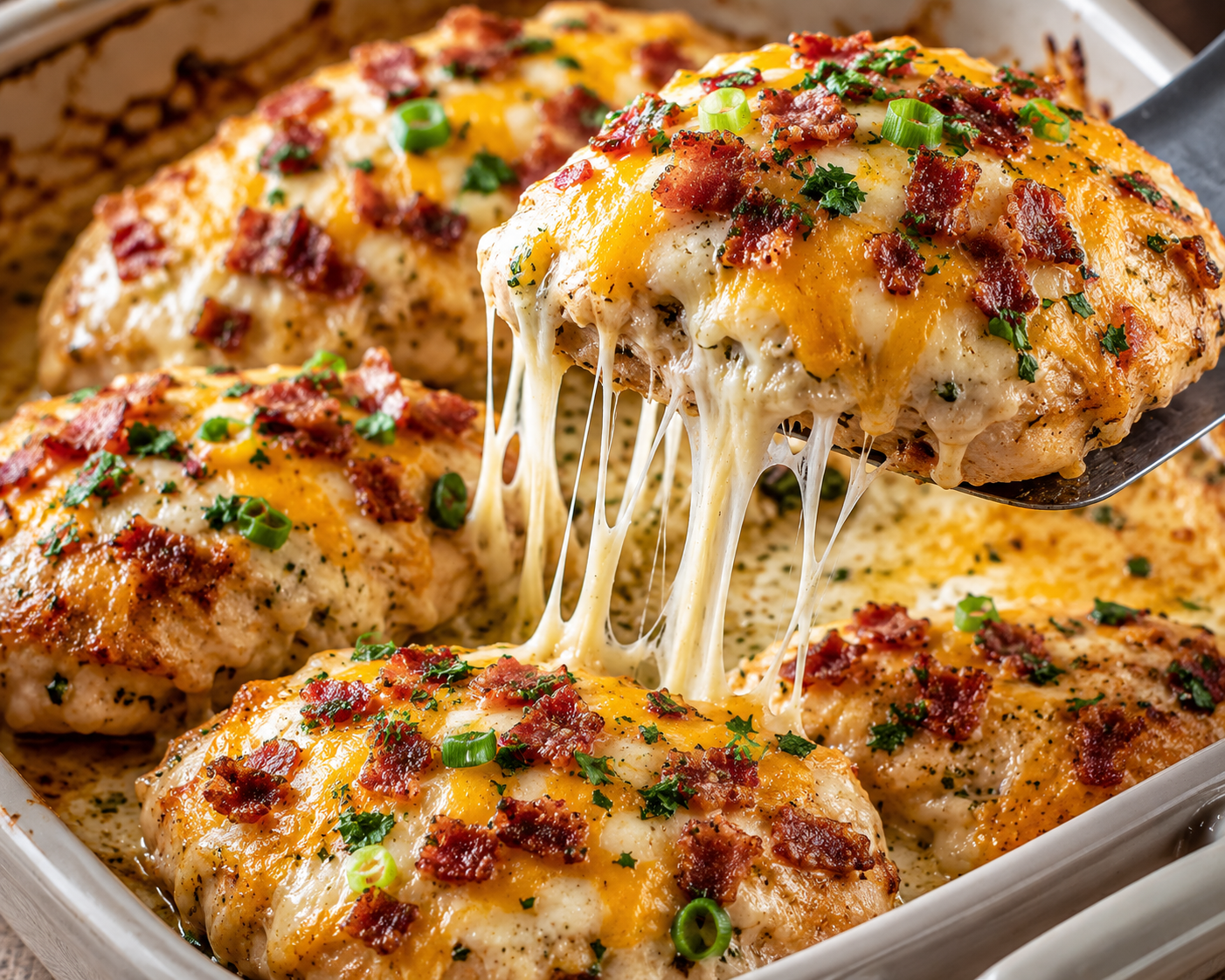 Close-up of Loaded Bacon Ranch Chicken Bake featuring juicy chicken breasts topped with melted cheddar and mozzarella cheese, crispy bacon crumbles, green onions, and dramatic cheese pulls from a baking dish.