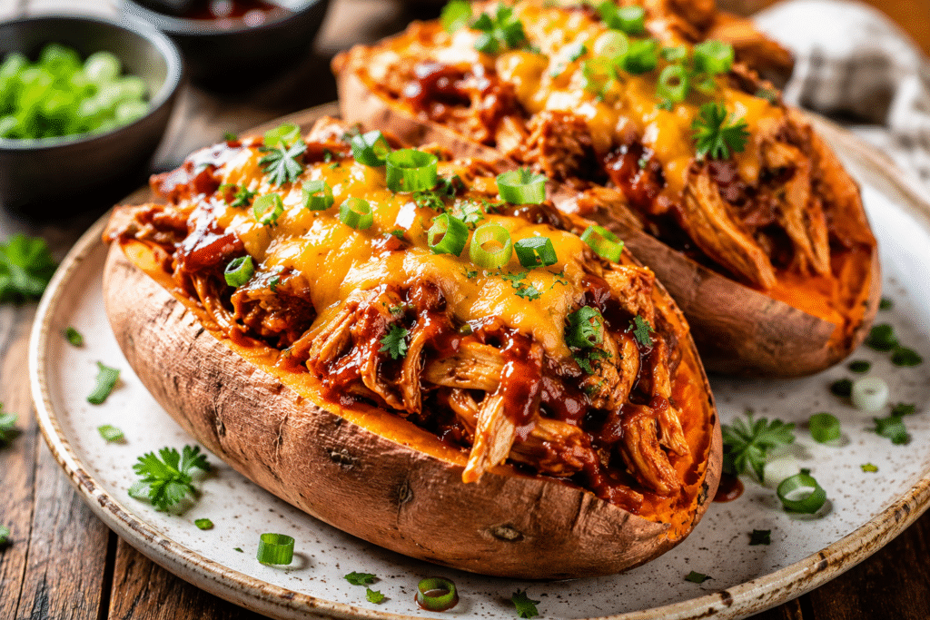 BBQ Chicken Stuffed Sweet Potatoes topped with melted cheddar cheese, green onions, and smoky barbecue sauce.
