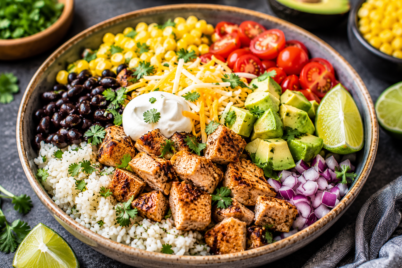 Chicken Burrito Bowl with cilantro lime rice, grilled chicken, black beans, corn, avocado, tomatoes, and cheese.